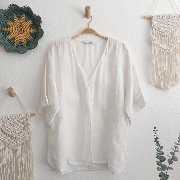 Zara Tops - Zara White 100% Linen Open Front Kimono Duster Top Size Medium
